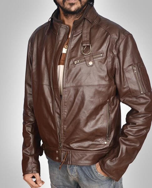 Men's brown leather jacket belted collar front