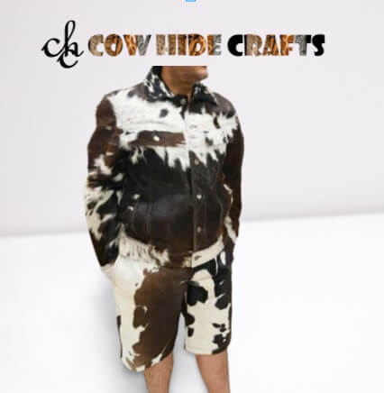 Man wearing full cowhide combo outfit – brown white hair-on hide jacket and shorts western style