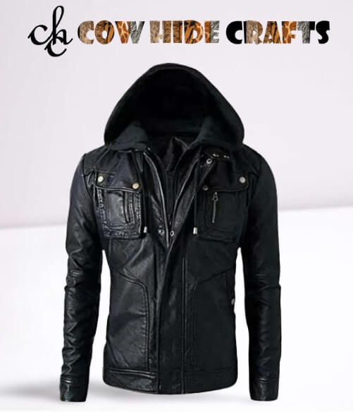 Men's hooded leather jacket drawstring slim fit front