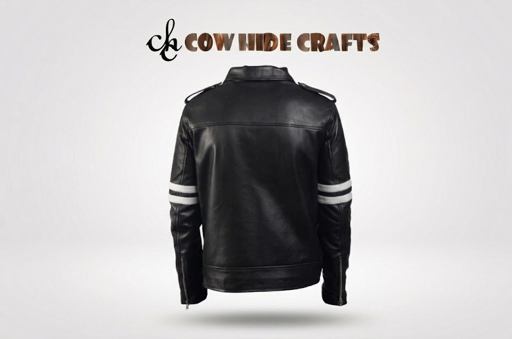 Men's leather café racer jacket back view