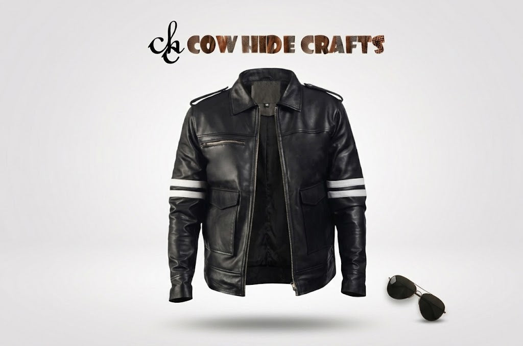 Men's leather café racer jacket front view with white stripe sleeves
