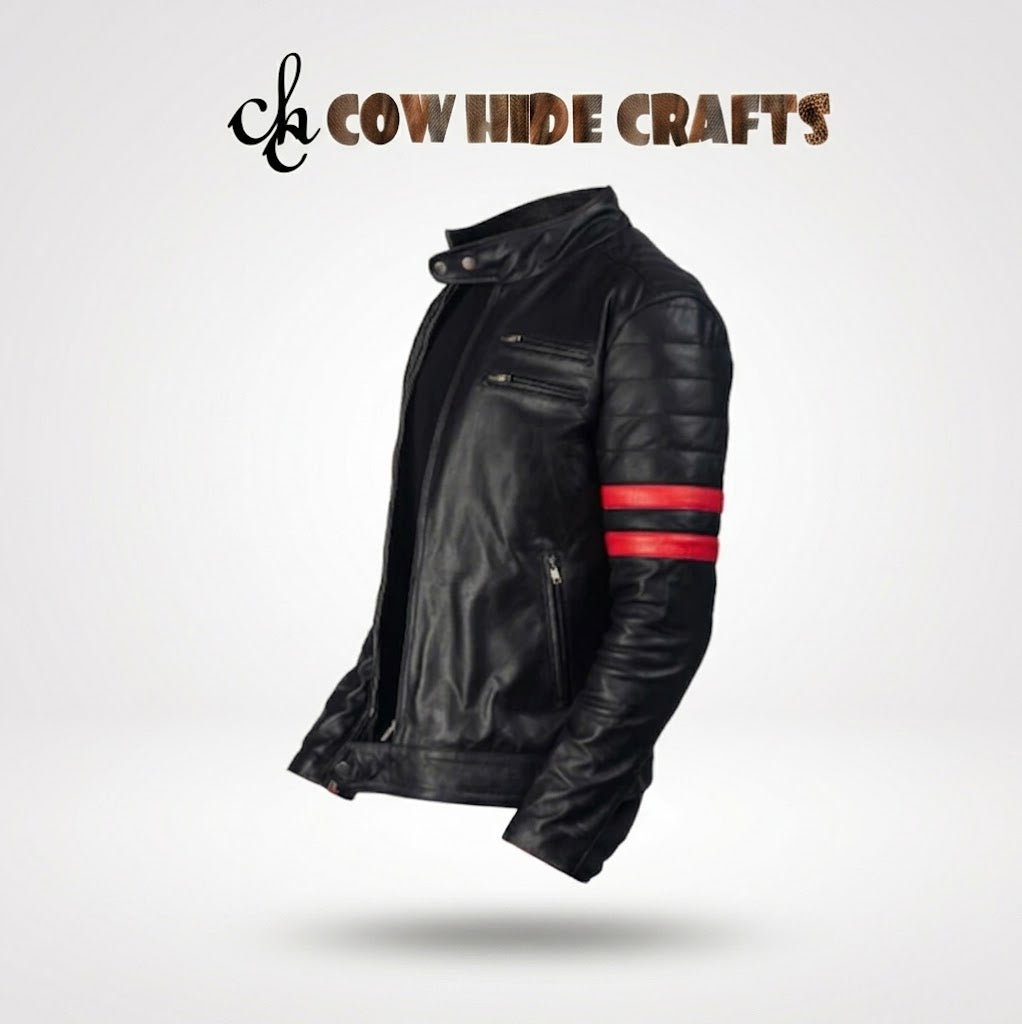 Men's leather café racer jacket in red stripe color variant