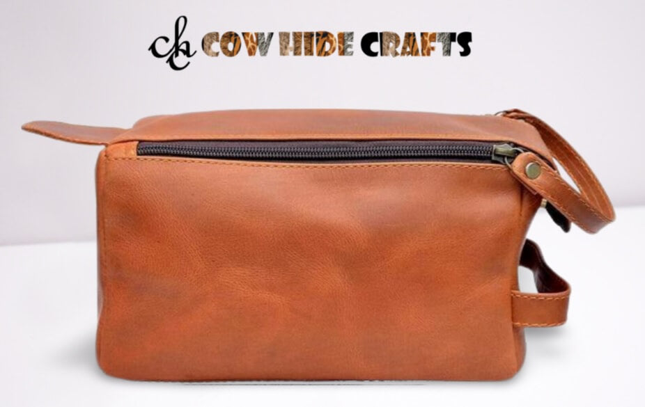 Mens leather grooming bag top carry handle