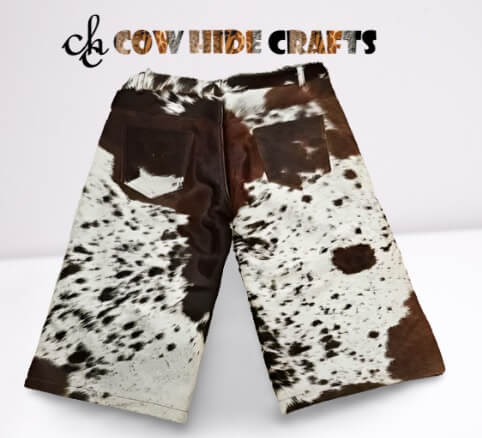 Pocket detail on men's genuine cowhide hair-on hide three quarter casual shorts