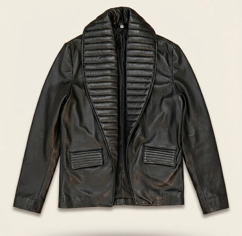 Men's draped shawl collar leather jacket front view