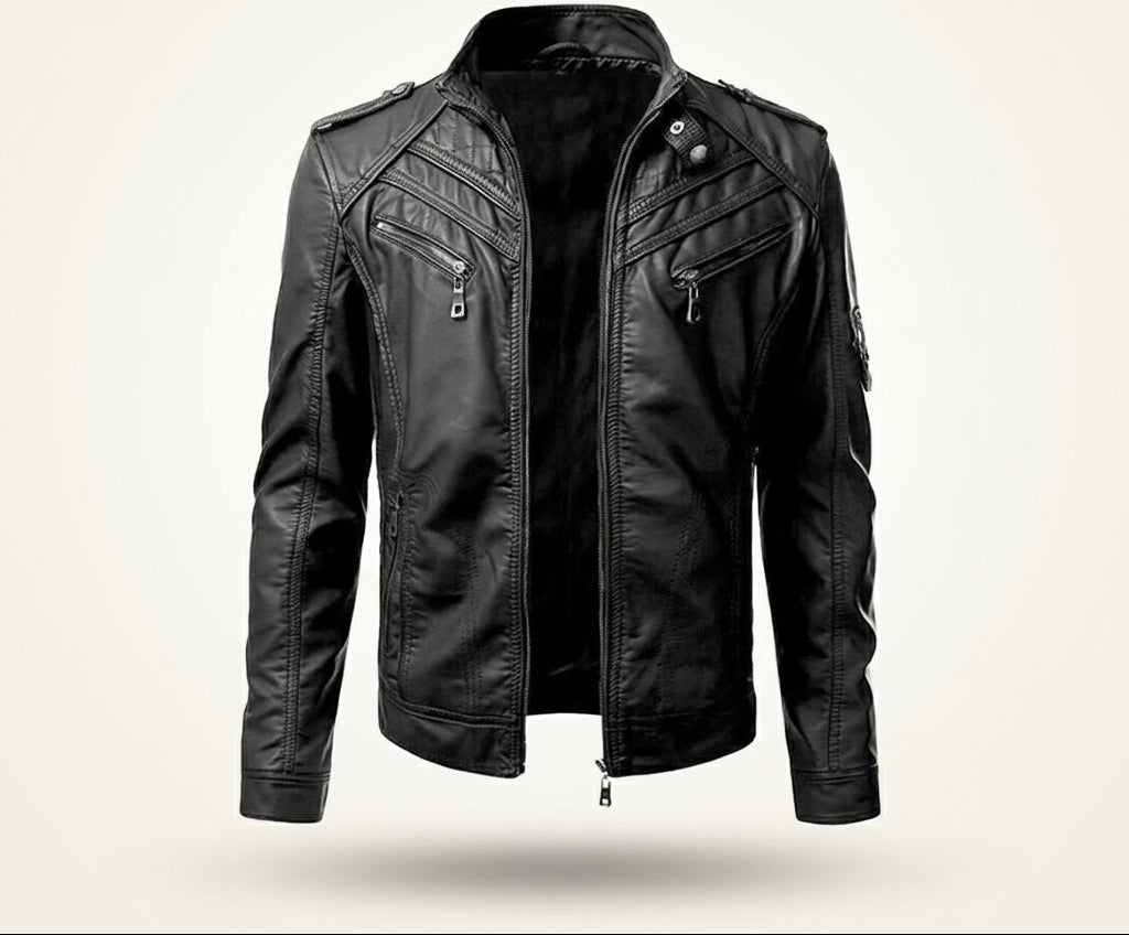 Men's slim-fit leather biker jacket front view