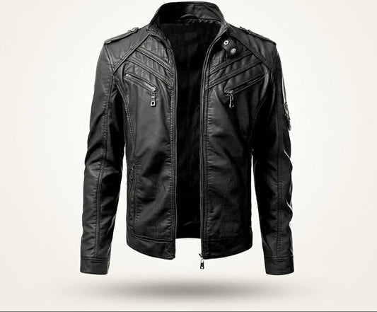 Men's slim-fit leather biker jacket front view