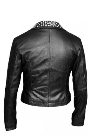 Metal rivets on V-neck collar detail on women's leather jacket