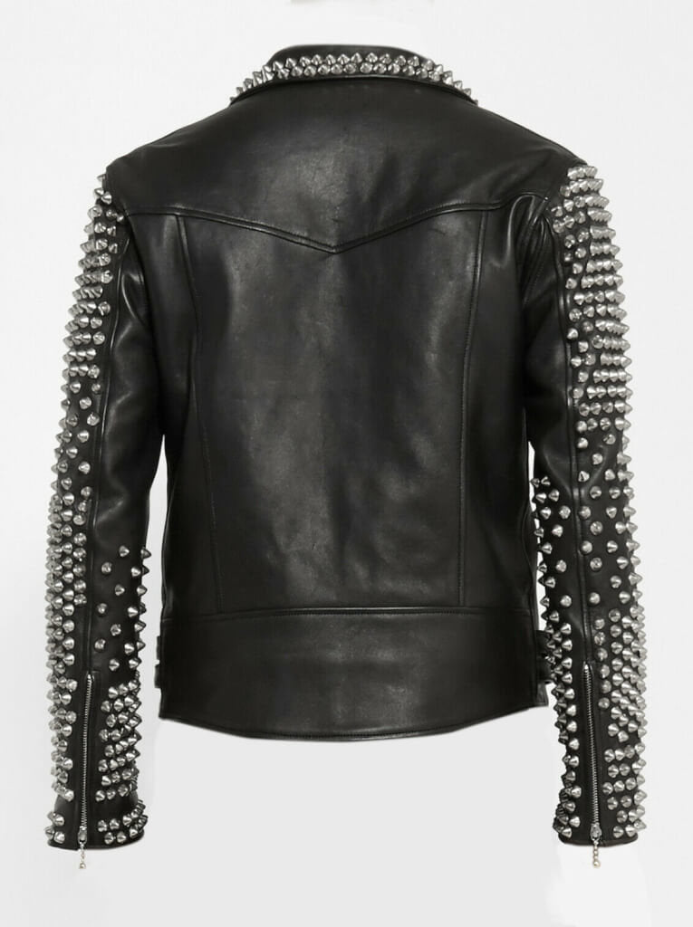Silver metal studs on sleeves and collar of black leather jacket