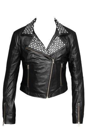 Women's metallic rivet collar sheepskin leather jacket