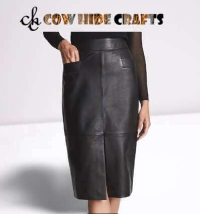 Midi length black leather A-line skirt with front patch pockets
