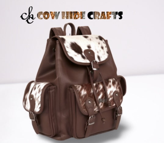 Military style cowhide leather backpack with hair on hide