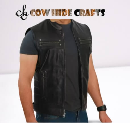 Functional pockets on a military style leather gilet