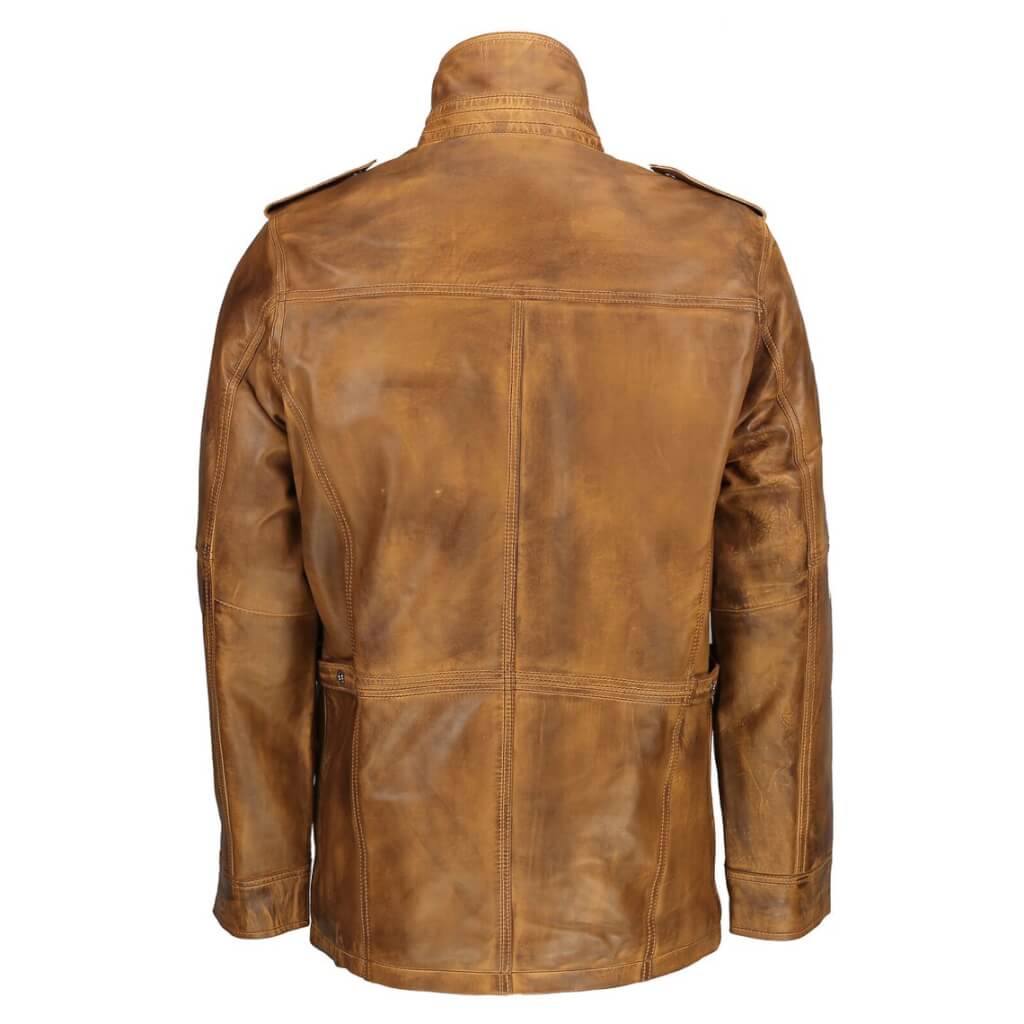 Men's tan wax leather jacket styled for military inspired look