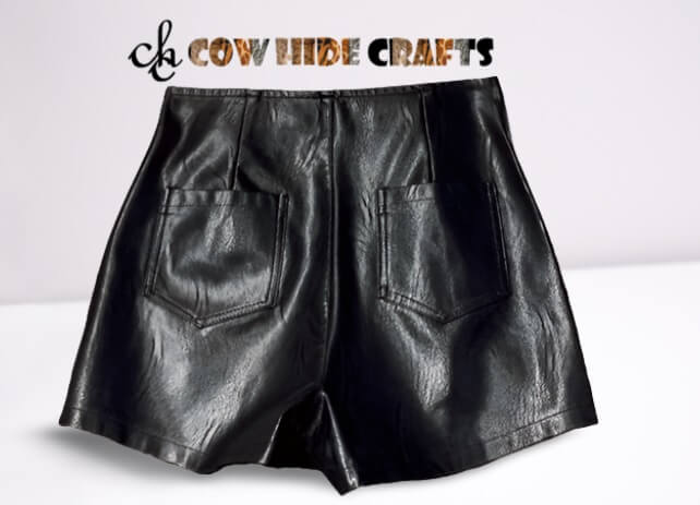 Back pocket detail on black leather mini shorts women
