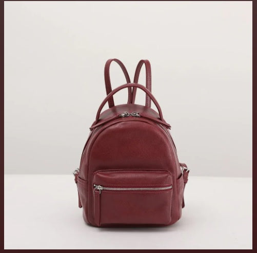 Front rectangular zip pocket detail on leather mini daypack