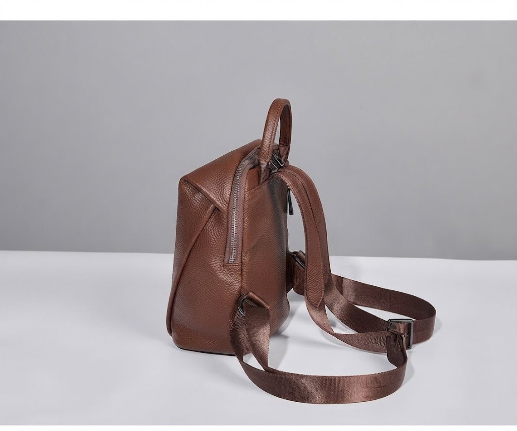 Dual-zipper top entry detail on mini leather backpack