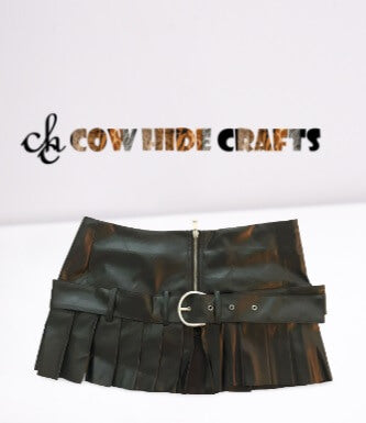 Structured black leather mini skirt with adjustable belt closure