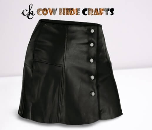 Black leather mini skirt with button closure
