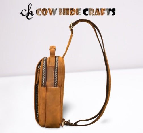 Minimal leather sling bag two main zipper compartments