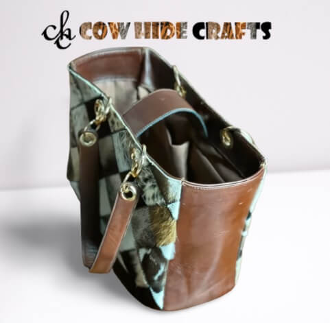Mix cowhide patchwork bag open top access