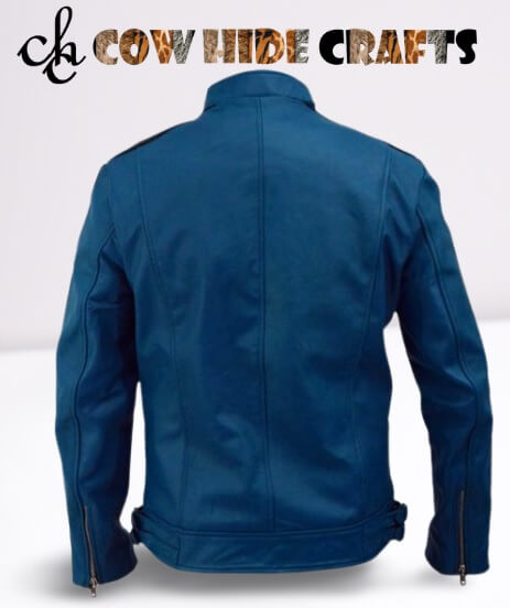 Mock collar detail on Dirk Gently inspired blue leather jacket