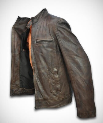 Mock collar and zipper detail on brown sheepskin biker jacket