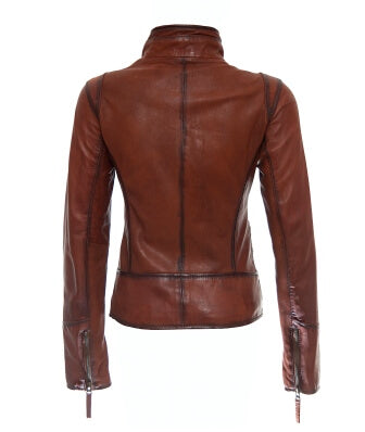 Women's waxed leather jacket slim fit styled for moto biker look