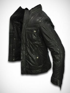 Slim fit black leather biker jacket styled for motorcycle ride men women