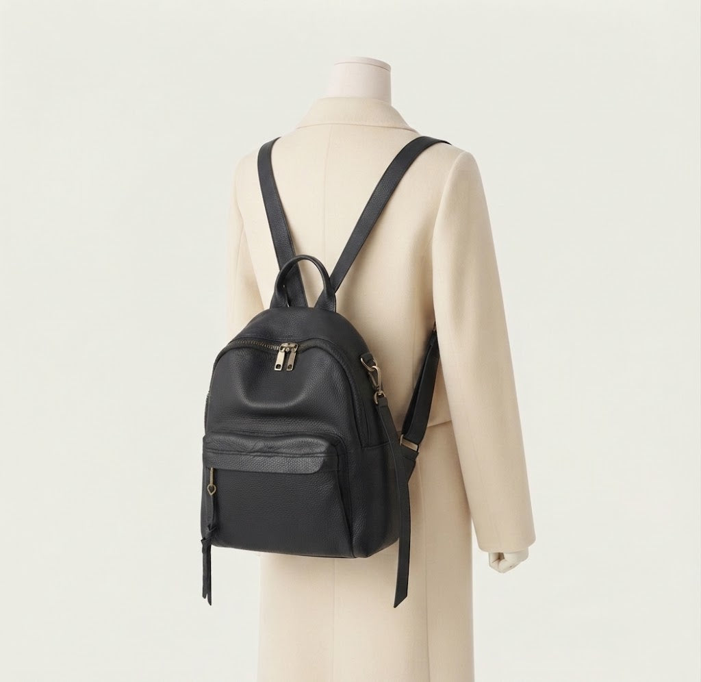 Multi-functional leather mini backpack in black