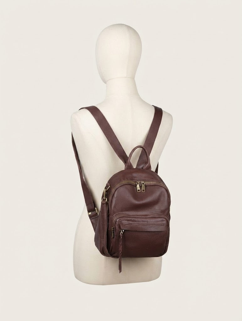 Multi-functional leather mini backpack in brown