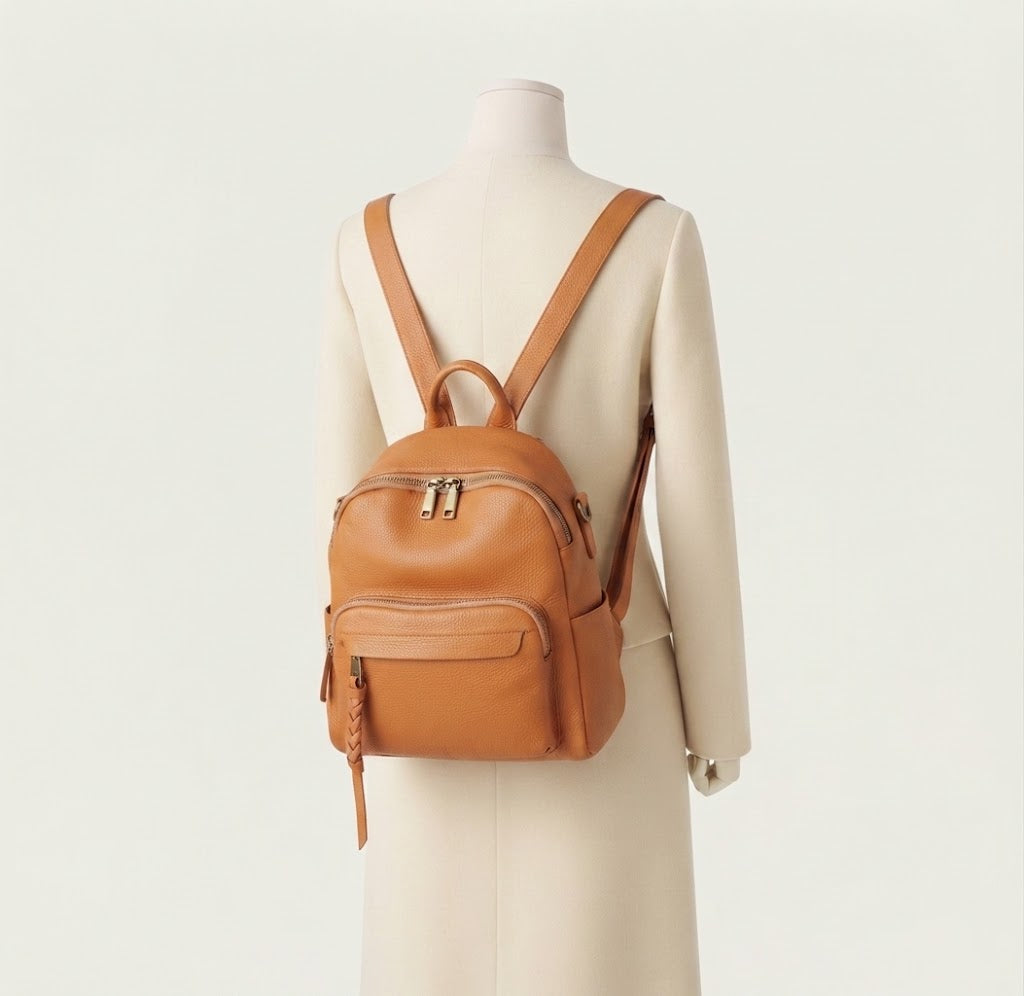 Multi-functional leather mini backpack in tan