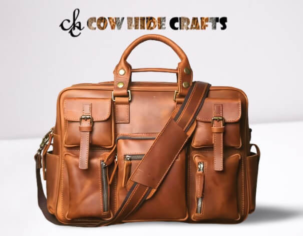 Multi pocket leather briefcase bag tan brown