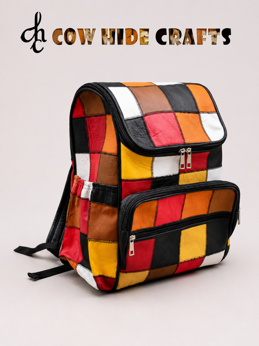 Multicolor patchwork leather backpack cowhide square patch