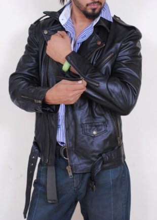 Multiple outside pockets on men's sheepskin biker leather jacket