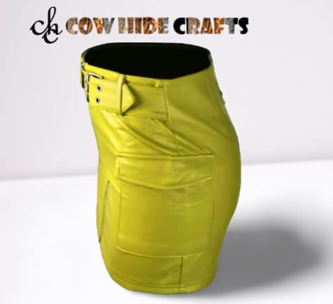 Mustard yellow leather skirt with YKK zipper closure and belt