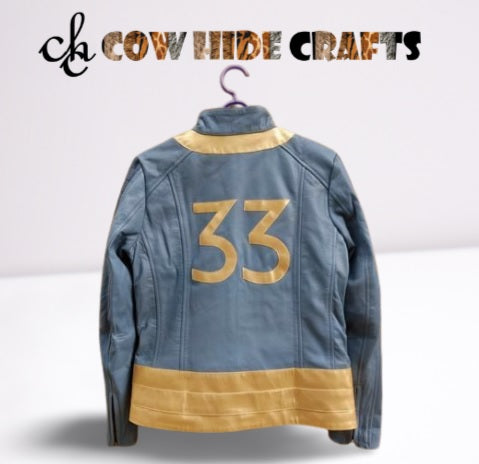 Number sewn on back of vault suit inspired sheepskin jacket