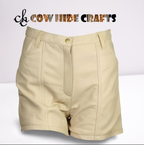 Off-white leather shorts front view with straight-leg silhouette
