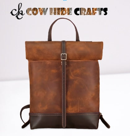 Oil pull up leather roll top backpack