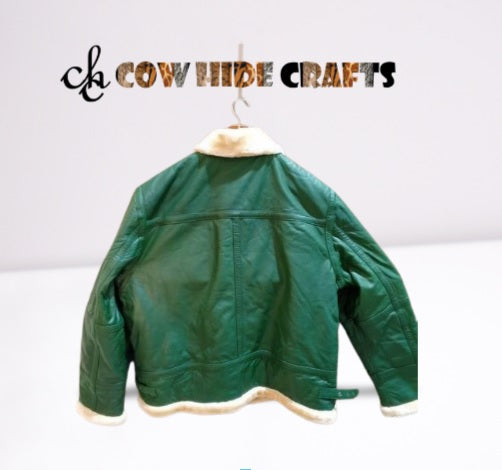 Back view of an olive green aviator jacket in sheepskin leather