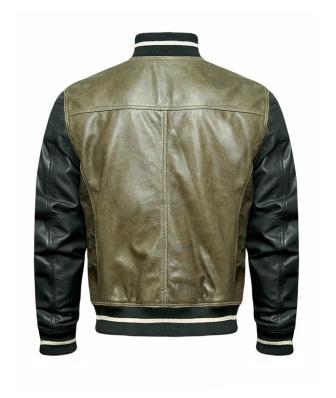Rib knit waist detail on olive green leather bomber jacket