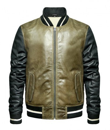 Men's olive green leather bomber jacket rib knit stripe front