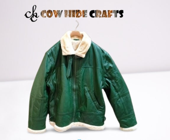 Olive green sheepskin aviator jacket with cream faux fur collar, front view