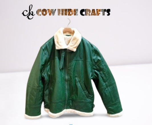 Olive green sheepskin aviator jacket with cream faux fur collar, front view