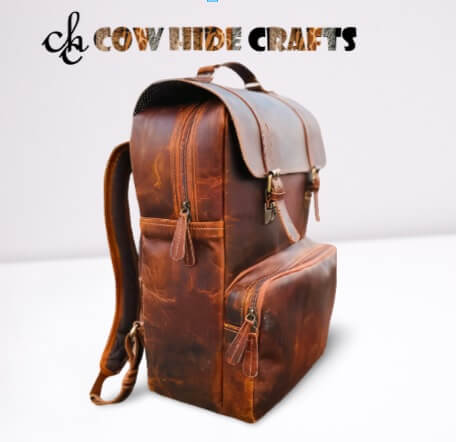 Outdoor rustic leather backpack outside zipper pocket