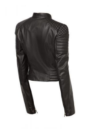 Outer zipper pockets on black quilted leather bomber jacket