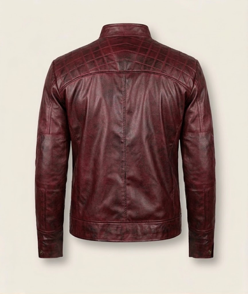 Diamond-quilted shoulder panel detail on oxblood leather jacket