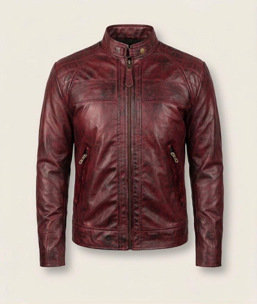Oxblood leather café racer jacket front view