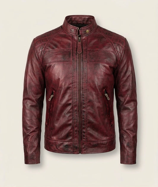 Oxblood leather café racer jacket front view