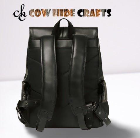 Padded backside and adjustable straps on black leather backpack